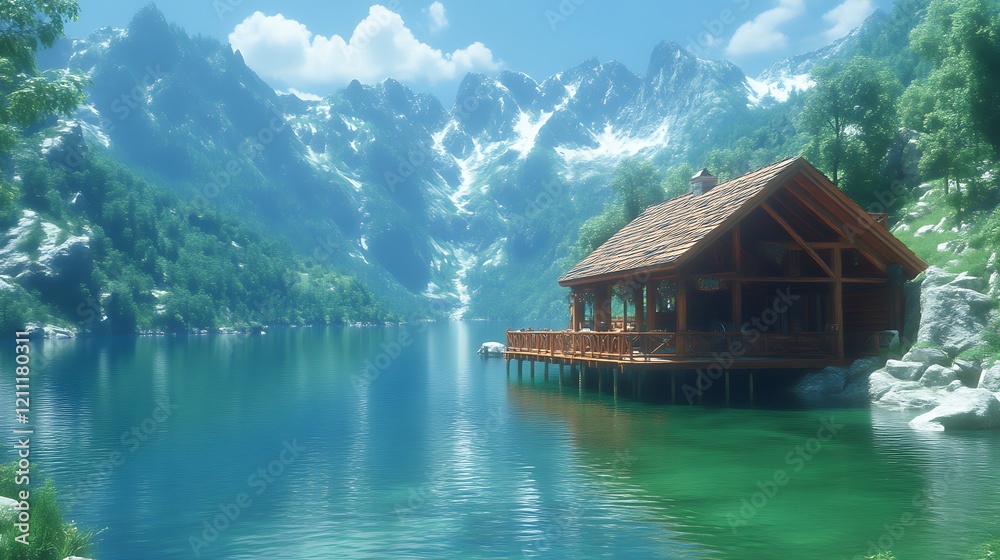 Fototapeta premium Mountain Lake Cabin Scenic Tranquil Summer Escape