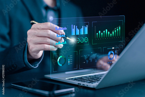 analyst manages the system database reports, analytics business. analyzes data plans and shows a dashboard chart on the computer. concept of research on platform digital technology, analytics business