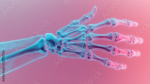 Human hand skeleton, X-ray style, pink blue background. photo