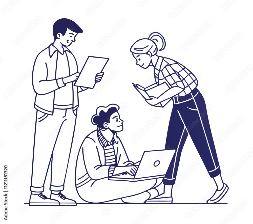 Fototapeta premium One line art group business team meeting and working collaboration in office workplace concept. flat vector illustration set cartoon character design concept,