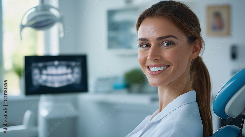 Female dentist smiling in her modern dental clinic Female dentist smiling in her modern dental clinic