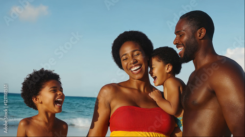 Family laughing and enjoying their vacation by the ocean