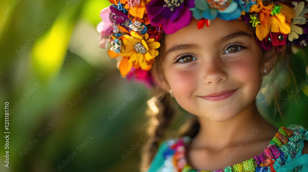 Joyful Young Girl in Colorful Headpiece Smiling Brightly Joyful Young Girl in Colorful Headpiece Smiling Brightly