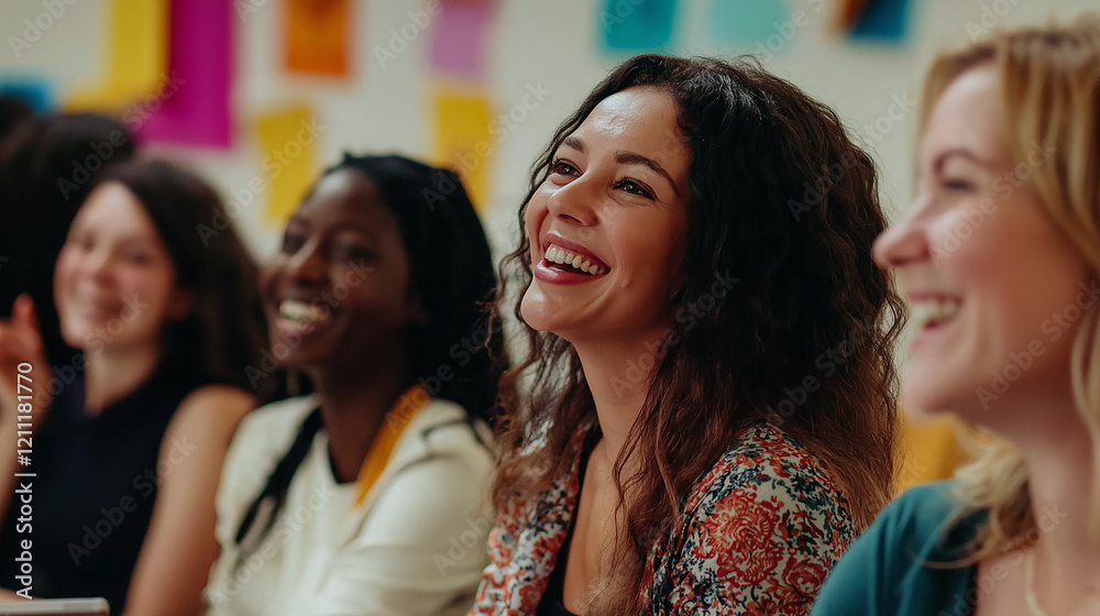 Obraz premium Happy businesswomen laughing during a creative meeting in the office