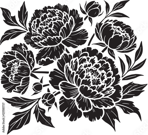 Black Color Peonies Silhouette Vector Illustration, Solid White Background. minimal vector design