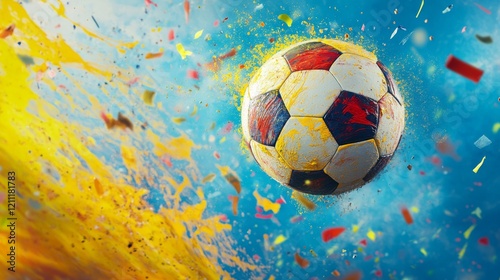 A soccer ball flies through the air, with swirls of yellow and red paint against a blue background with confetti.  photo