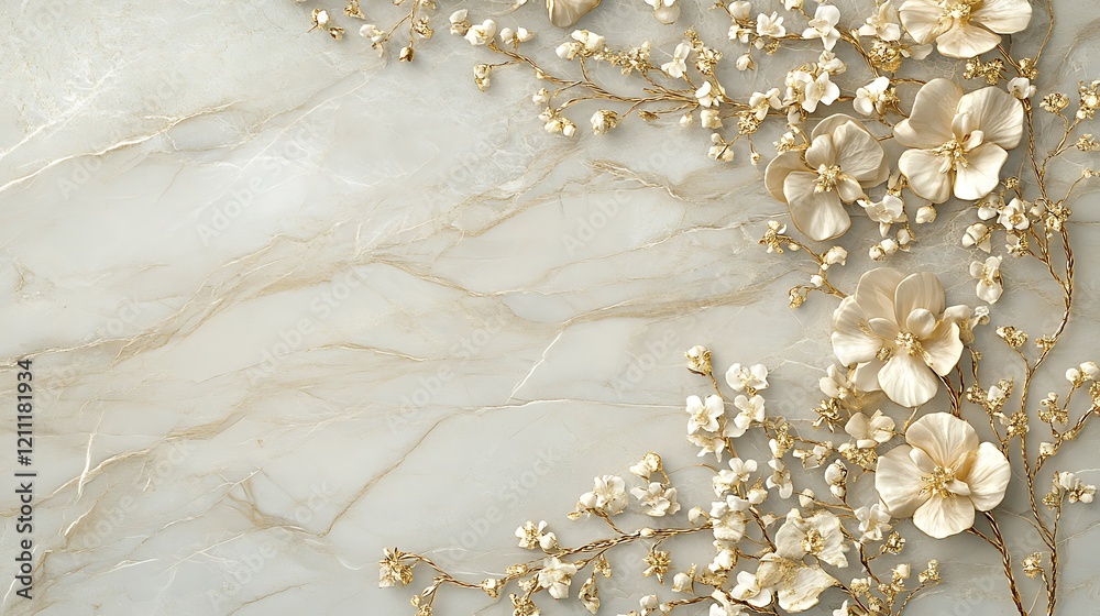 Elegant Gold Branches with Creamy White Flowers on Marble Elegant Gold Branches with Creamy White Flowers on Marble