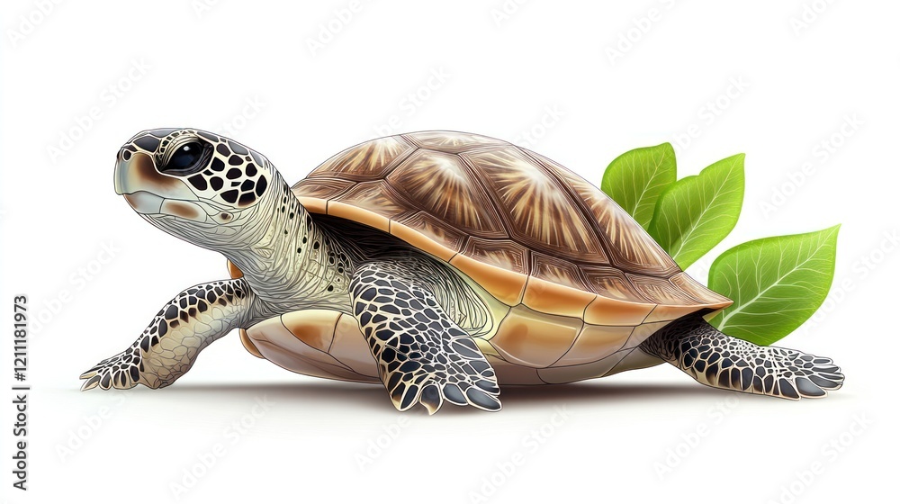 Obraz premium Sea turtle with green leaves on white background.