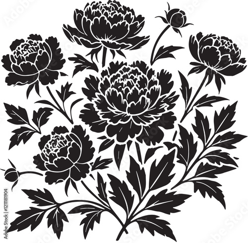 Black Color Peonies Silhouette Vector Illustration, Solid White Background. minimal vector design
