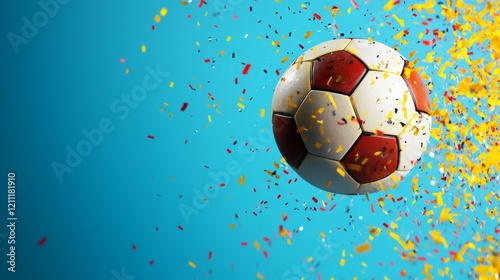 A 3D soccer ball flying against a background of yellow and red paint brush strokes with confetti, isolated on a blue background, suitable for a banner design with space for text.  photo