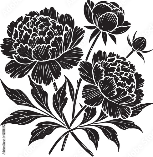 Black Color Peonies Silhouette Vector Illustration, Solid White Background. minimal vector design