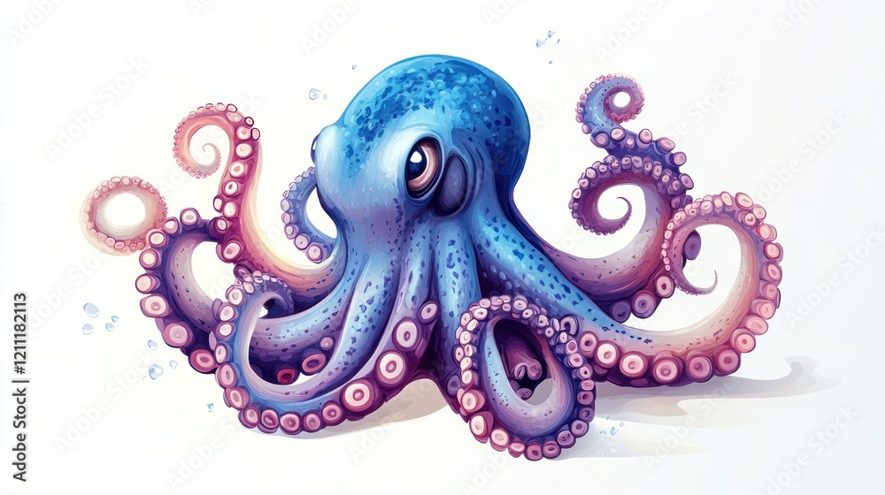 Obraz premium Adorable cartoon octopus with blue and purple tentacles on white background.