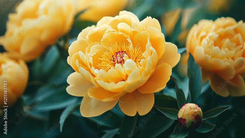 Vibrant yellow peony blossoms amidst lush green leaves, radiating beauty.