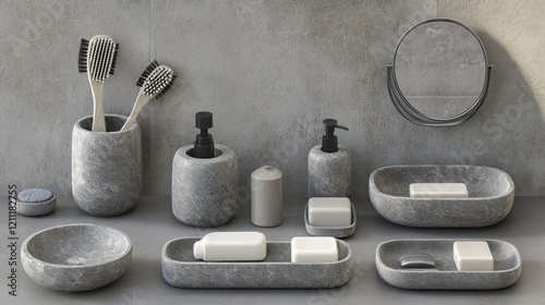 Stone bathroom accessories on grey wall photo