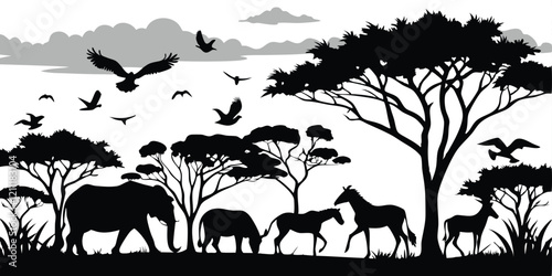 African safari animals and tree silhouette