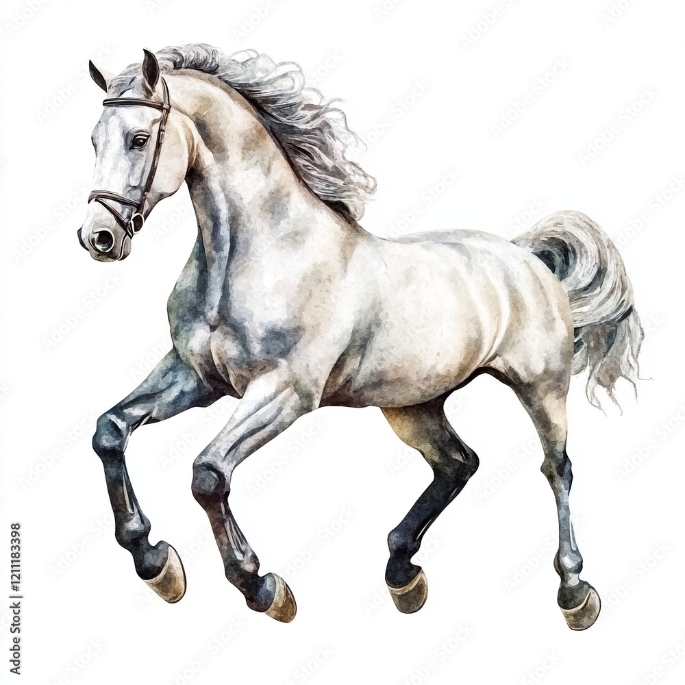 Obraz premium A detailed watercolor depiction of a vaulting horse, presenting a dynamic pose with flowing mane and textured body, set against a clear white background