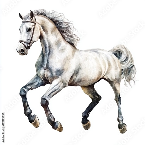 A detailed watercolor depiction of a vaulting horse, presenting a dynamic pose with flowing mane and textured body, set against a clear white background