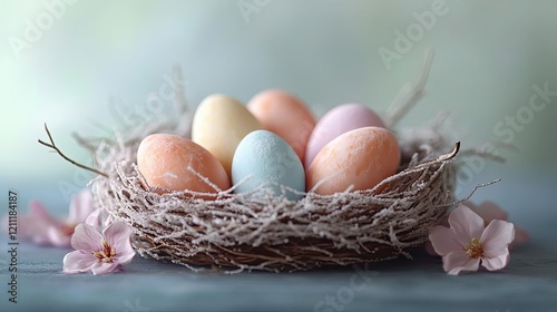 Dessert styled as a bird s nest with spun sugar and pasteltoned eggs, emphasizing nature s delicacy