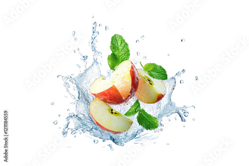 Fresh apple slices with mint leaves in water splash isolated on white or transparent PNG