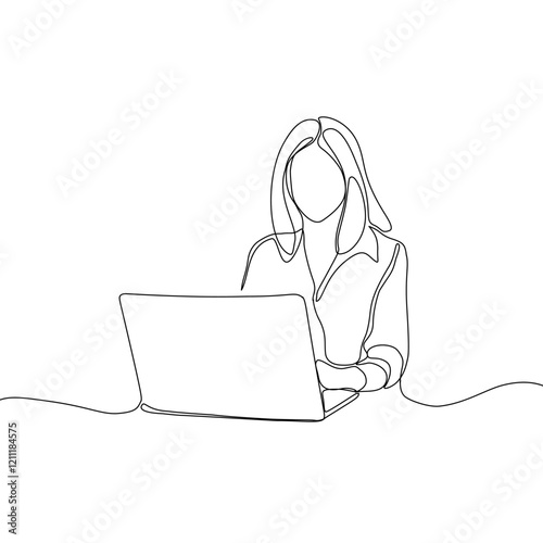 Continuous line drawing of professional young business woman using mobile laptop computer work isolated on white background. Vector illustration.