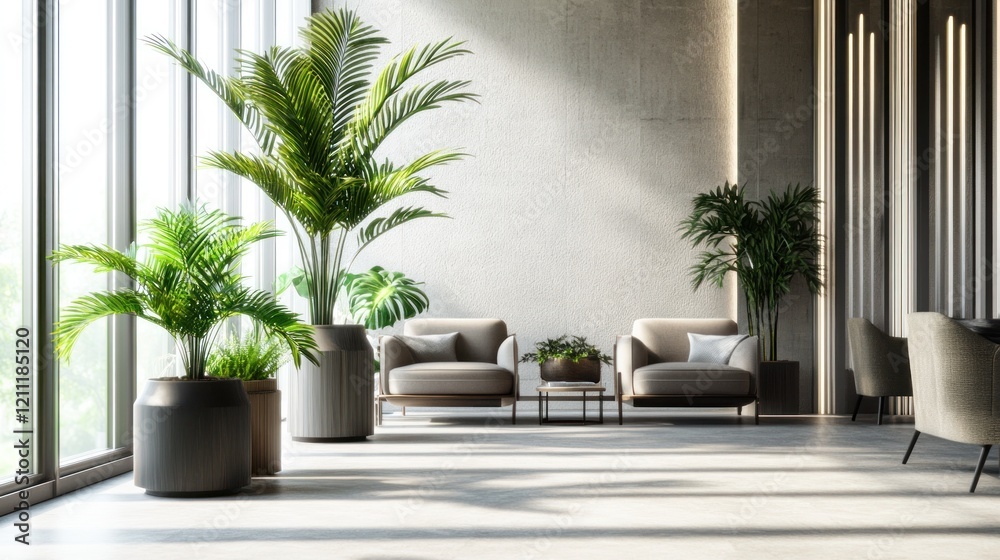 Serene Modern Lobby with Lush Greenery Serene Modern Lobby with Lush Greenery