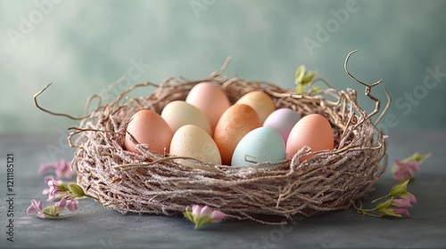 Dessert styled as a bird s nest with spun sugar and pasteltoned eggs, emphasizing nature s delicacy