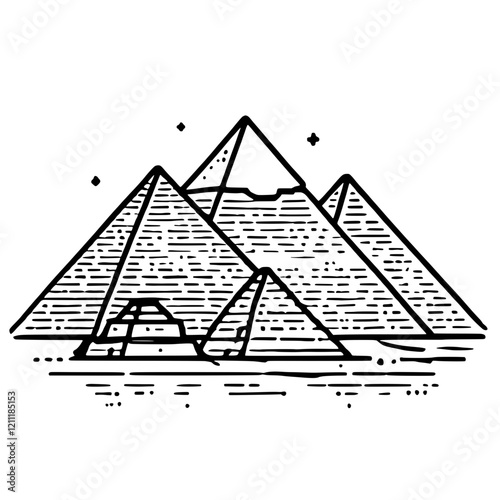 Pyramids Under the Stars: A minimalist line art illustration depicting a majestic scene of pyramids under a starry night sky. The style is clean, modern, and evocative of ancient history and mystery.