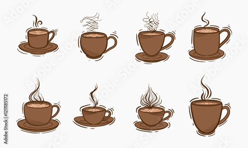 Set of hand-drawn coffee cups of varying sizes with steam rising from them.