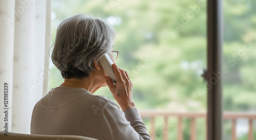 電話で話すシニア女性の後ろ姿｜Back view of senior woman talking on the phone.