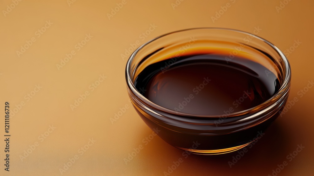 Dark liquid in a glass bowl on a tan background.