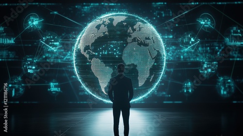 A person standing in front of a glowing digital globe, symbolizing global connectivity, data networks, and technological advancement.

 photo