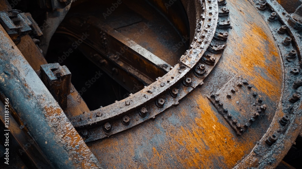 Fototapeta premium Rusty Industrial Machinery with Patina and wear showing time's passage