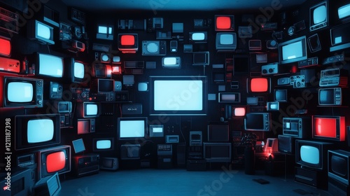 A dark room filled with retro and modern TV screens glowing in red and blue light, symbolizing media saturation and technological evolution.

 photo