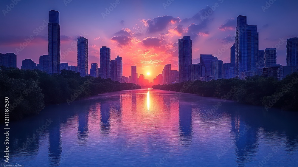 Naklejka premium Sunset over a city skyline reflecting in a calm river, with vibrant colors and silhouettes of buildings