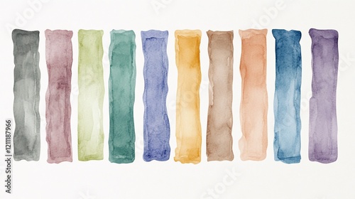 Twelve watercolor painted rectangles in various muted colors.