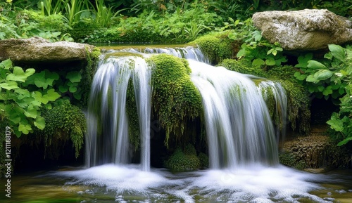 Serene mossy waterfall cascading over rocks in lush greenery.