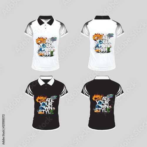 Men's t-shirt in different views with realistic style  and geometric retro traceries on shirts isolated Related tags