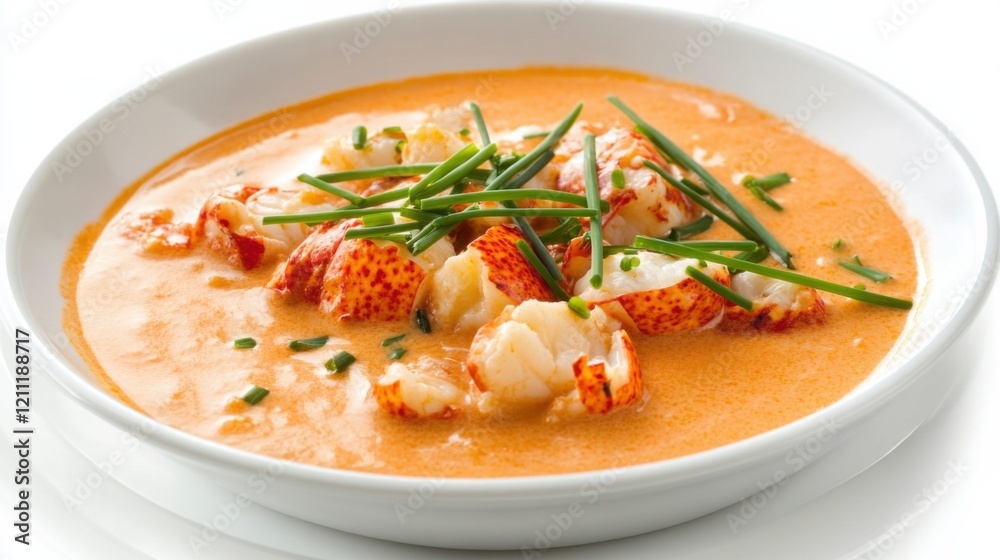 A plate of creamy lobster bisque soup garnished with lobster chunks and chives, Each spoonful filled with rich and luxurious flavors A plate of creamy lobster bisque soup garnished with lobster chunks and chives, Each spoonful filled with rich and luxurious flavors