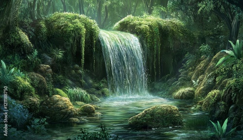 Lush green rainforest waterfall cascading into a tranquil pool.