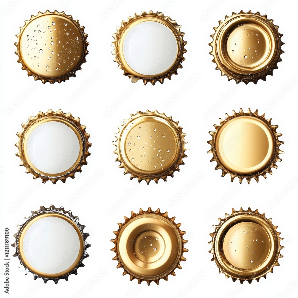Nine gold bottle caps, various views, isolated on white. Nine gold bottle caps, various views, isolated on white.