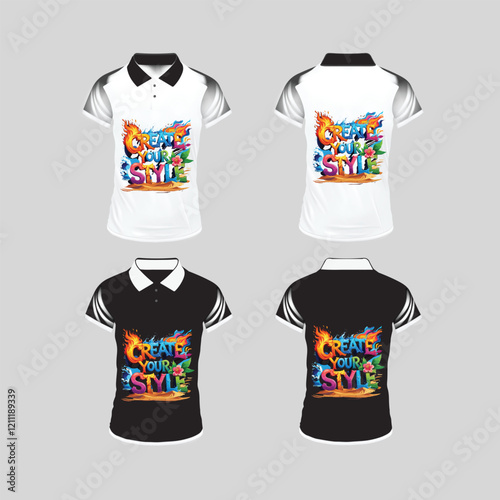 Men's t-shirt in different views with realistic style  and geometric retro traceries on shirts isolated Related tags