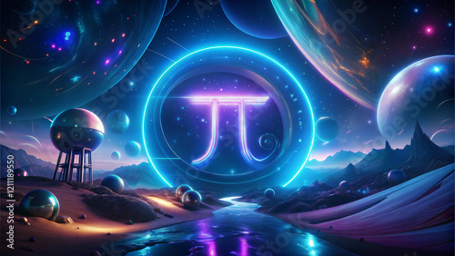Futuristic digital artwork featuring the pi symbol in a glowing blue sphere, set against a cosmic background with planets, stars, and neon lights, perfect for math and science themes.