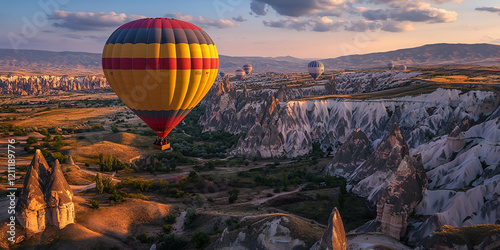 Colorful Hot Air Balloon Soaring Over a Vast Landscape