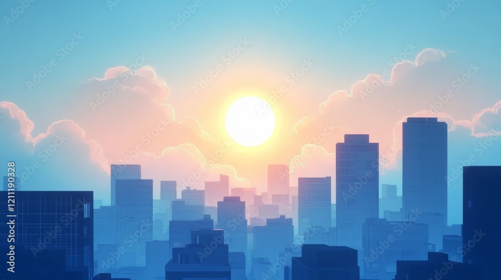 minimalist urban morning scene, layered blue atmospheric effects, modern building silhouettes against bright circular sun, overlapping cloud formations, geometric architectural elements, clean vector minimalist urban morning scene, layered blue atmospheric effects, modern building silhouettes against bright circular sun, overlapping cloud formations, geometric architectural elements, clean vector