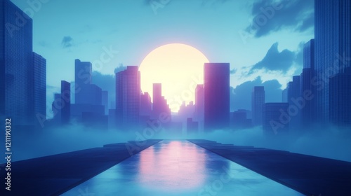 minimalist urban morning scene, layered blue atmospheric effects, modern building silhouettes against bright circular sun, overlapping cloud formations, geometric architectural elements, clean vector