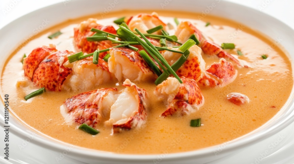 A plate of creamy lobster bisque soup garnished with lobster chunks and chives, Each spoonful filled with rich and luxurious flavors A plate of creamy lobster bisque soup garnished with lobster chunks and chives, Each spoonful filled with rich and luxurious flavors
