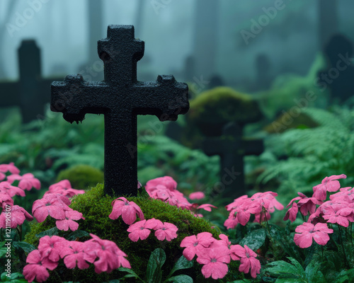 A serene graveyard scene featuring a dark cross surrounded by vibrant pink flowers and lush greenery, shrouded in mist.