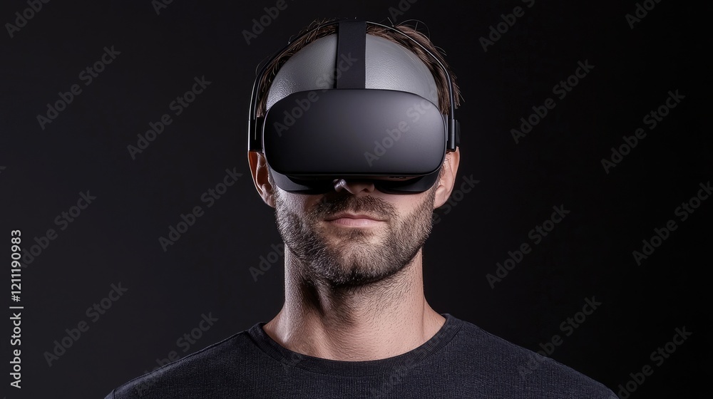 Man using VR headset, dark background, exploring virtual reality. Stock photo for tech Man using VR headset, dark background, exploring virtual reality. Stock photo for tech