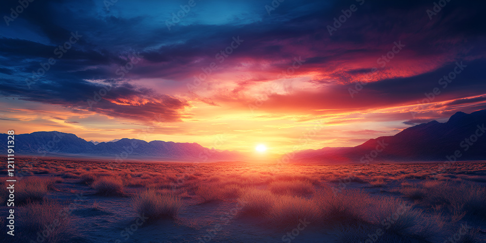 Fototapeta premium Colorful Sunrise Over a Vast Desert Landscape with Scenic Views