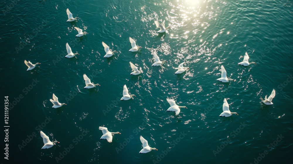 Obraz premium aerial water birds photography, white swans floating pattern, deep teal lake surface, rhythmic bird arrangement, graceful waterfowl formation, sparkles of sunlight reflections, elegant natural